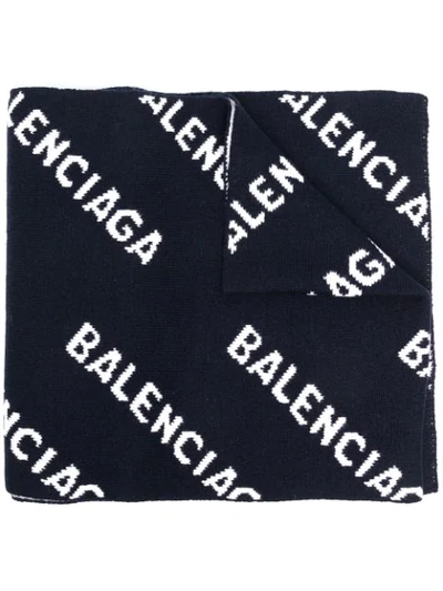 Balenciaga Allover Logo Wool Scarf In Blue