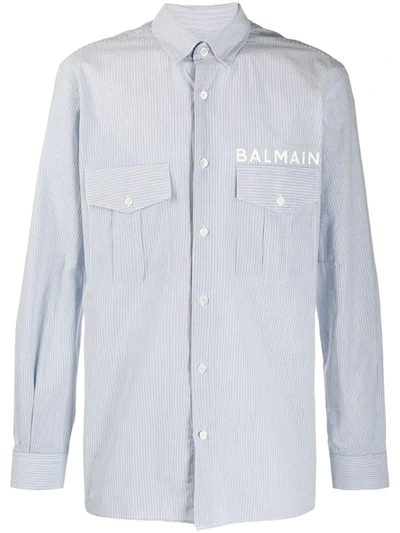 Balmain Striped Logo Print Shirt In Light Blue,white
