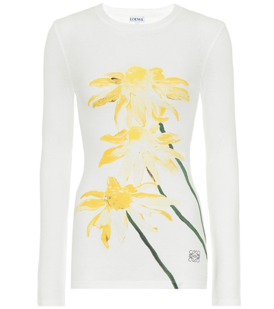 Loewe Floral-print Long-sleeved Cotton-jersey T-shirt In White