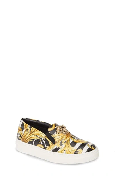 Versace Barocco Print Slip-on Sneakers, Big Kids In Black/ Gold/ White