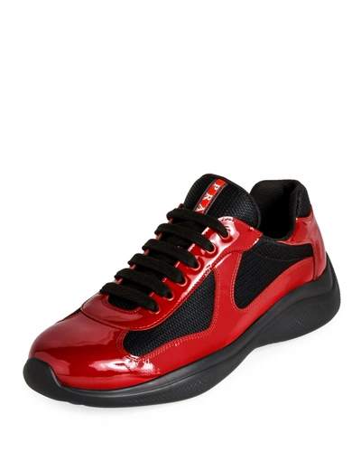 Prada Men's America's Cup Patent Leather & Technical Fabric Sneakers In Red
