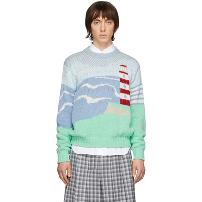 Thom Browne Light House & Sea Knit Cotton Sweater In Blue