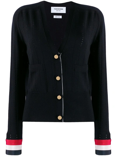 Thom Browne Pointelle Stitch V-neck Cardigan In Blue