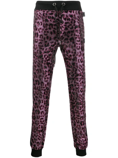 Philipp Plein Pink Paradise Crystal-embellished Leopard Sweatpants In Black