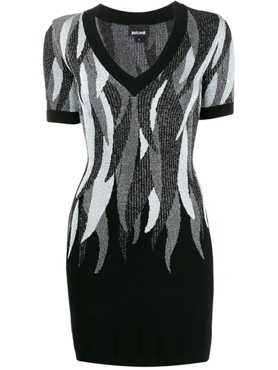 Just Cavalli Feather-jacquard Mini Dress In Black