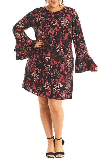 Estelle Plus Dark Musk Floral Print Shift Dress In Black/red Print