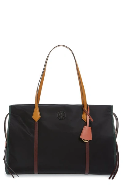 Tory Burch Perry Nylon Color-block Tote In Black