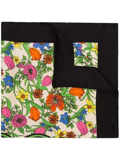 Gucci Flora & Logo Printed Silk Scarf In Black