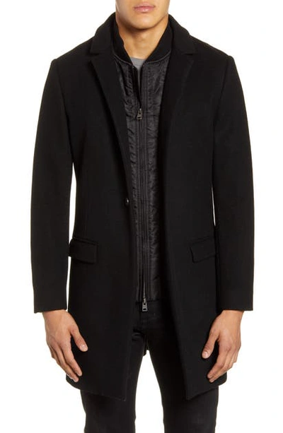 Allsaints Lockwood Slim Fit Wool Coat With Removable Bib Inset In Black