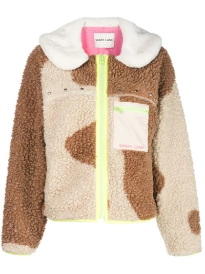 Sandy Liang Bells Faux Fur Collar Fleece Jacket In Brown