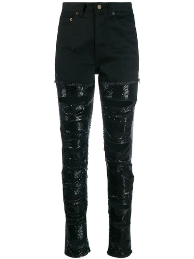 Saint Laurent Sequin-embellished Ripped Skinny Jeans In Black
