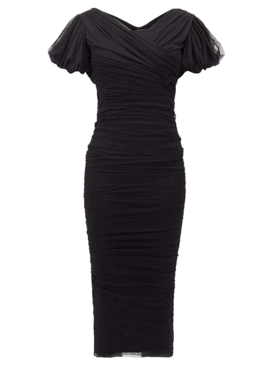 Dolce & Gabbana Puff Sleeve Ruched Silk Tulle Midi Dress In Black