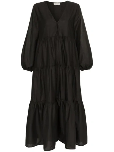Matteau The Long Sleeve Tiered Cotton Dress In Black