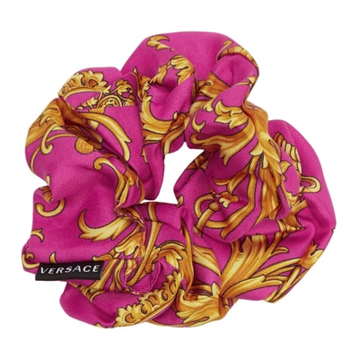 Versace Baroque-print Silk-faille Scrunchie In A7230 Pink