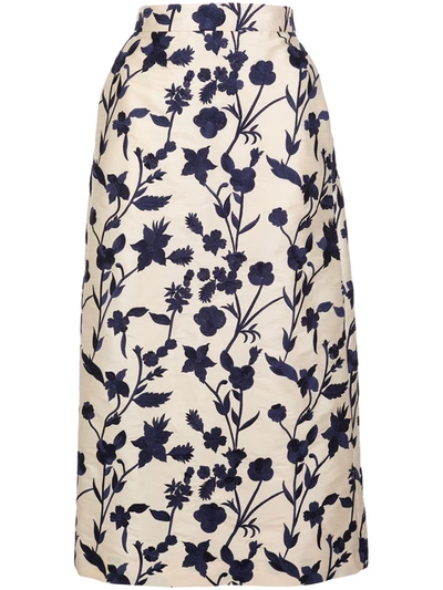 Brock Collection Floral-embroidered Shantung Pencil Skirt In Natural