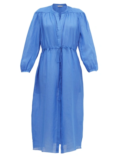 Three Graces London Julienne Gathered Ramie Midi Dress In Blue
