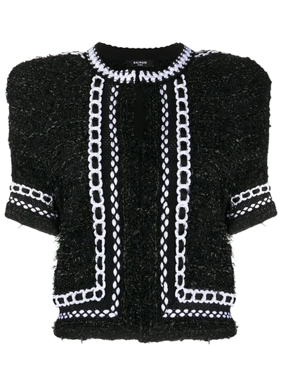 Balmain Cropped Embroidered Metallic Tweed Jacket In Noir/ Blanc