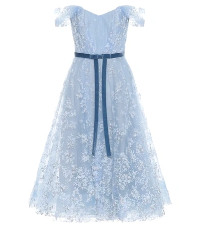 Marchesa Notte Off-the-shoulder Flocked Glittered Tulle Midi Dress In Light Blue