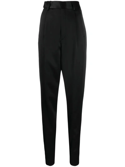 Saint Laurent High Waisted Cummerbund Satin Pants In Black