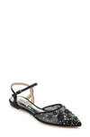 Badgley Mischka Collection Carissa Embroidered Pointed Toe Flat In Black Satin