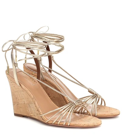 Aquazzura Whisper 85 Metallic Leather Wedge Sandals In Gold