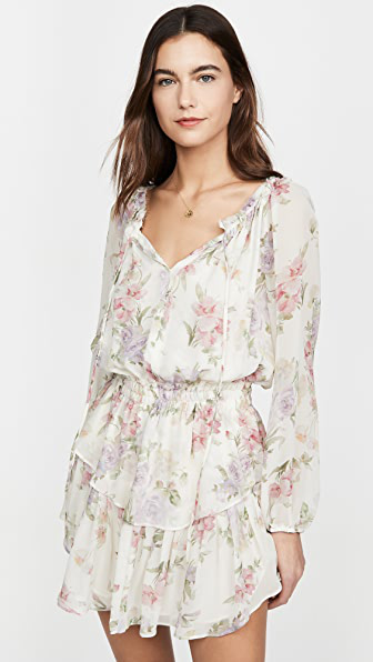 Loveshackfancy Popover Floral Long Sleeve Silk Minidress In Almond ...