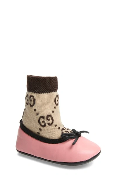 Gucci Leather Ballet Flats W/ Attached Gg Sock, Baby In Pink/ Black