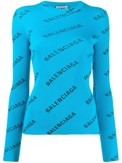 Balenciaga Turquoise Logo Print Long Sleeve In Blue