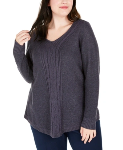 Belldini Plus Size Glitter Cable-knit Sweater In Graphite