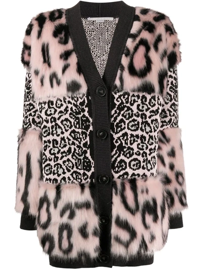 Stella Mccartney Faux Fur And Leopard-intarsia Knitted Cardigan In Pink
