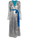 Attico Wrap-effect Paneled Sequined Crepe And Velvet Midi Dress In Silver/blue