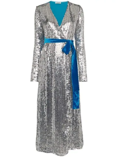 Attico Wrap-effect Paneled Sequined Crepe And Velvet Midi Dress In Silver/blue