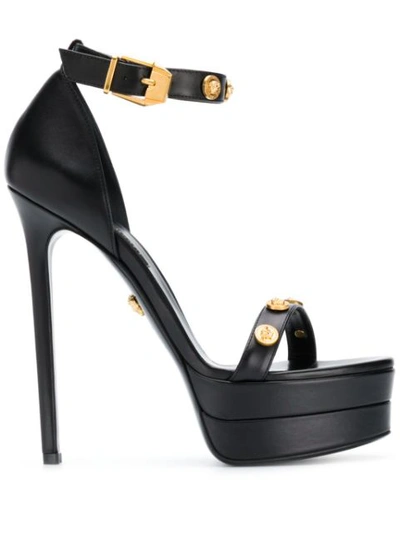 Versace Embellished Leather Platform Sandals In Black