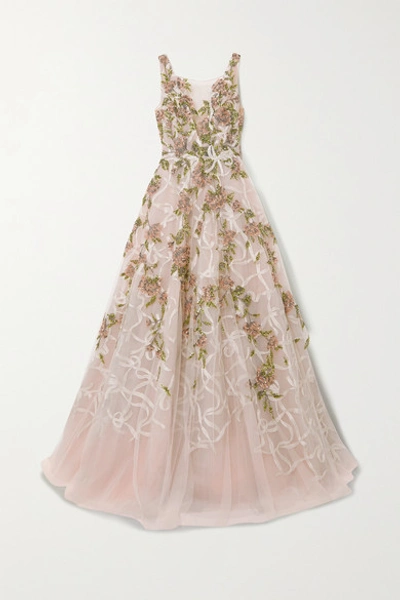 Marchesa Embellished Embroidered Tulle Gown In Blush