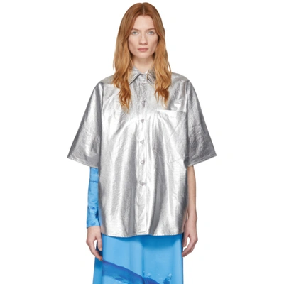 Pushbutton Oversized Metallic Coated-twill Shirt In Silver