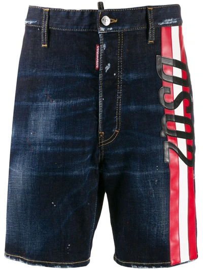 Dsquared2 Striped Logo Denim Shorts In Blue