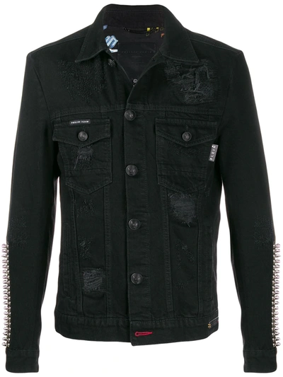 Philipp Plein Studded Sleeve Distressed Denim Jacket In Black