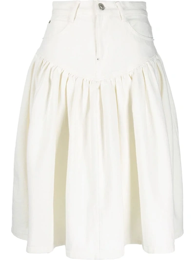 Pushbutton Flared Midi Skirt In White