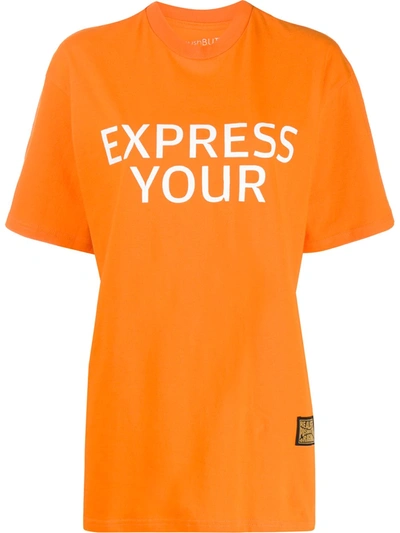 Pushbutton Slogan Print T-shirt In Orange