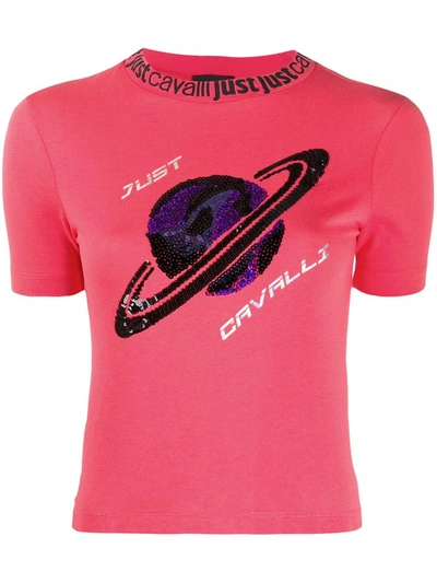 Just Cavalli Sequin-planet Slim T-shirt In Pink