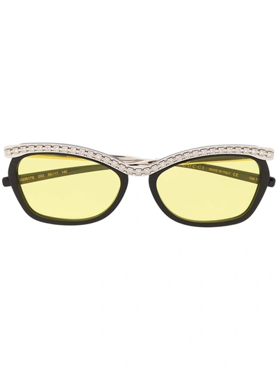 Gucci Crystal Embellished Rectangular Sunglasses In 黑色