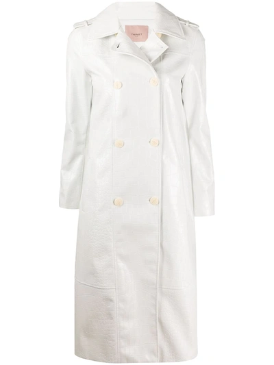 Twinset Croc Embossed Trench Coat In White