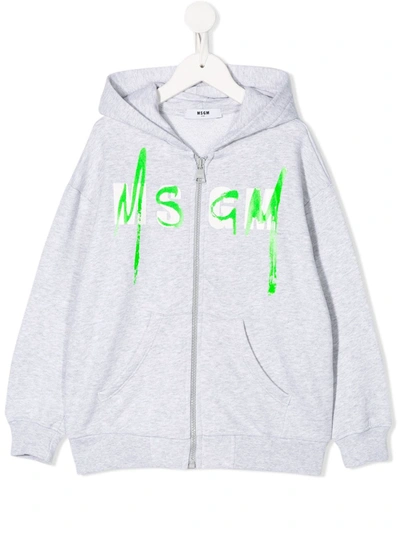 Msgm Kids' Zipped Logo Print Hoodie In Grey