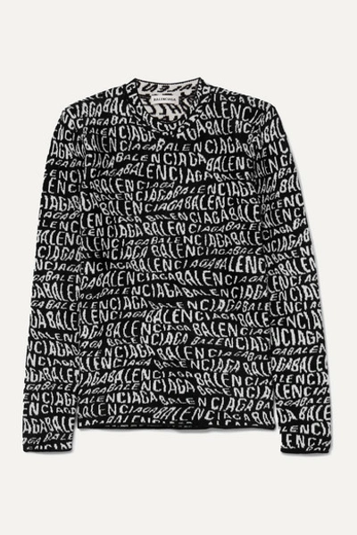 Balenciaga All Over Logo Knit Virgin Wool Sweater In Black