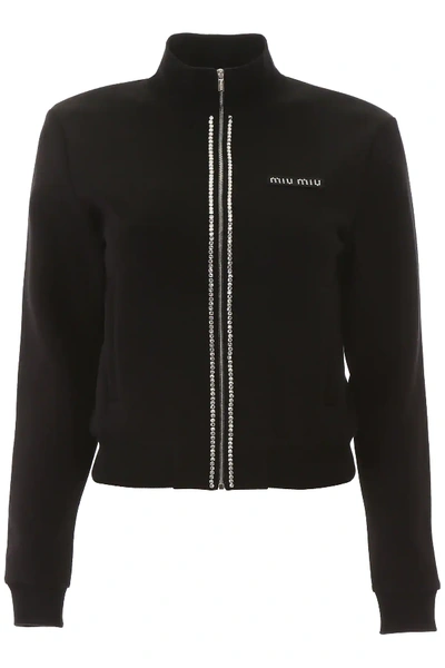 Miu Miu Zipped Sweatshirt With Crystals In Black