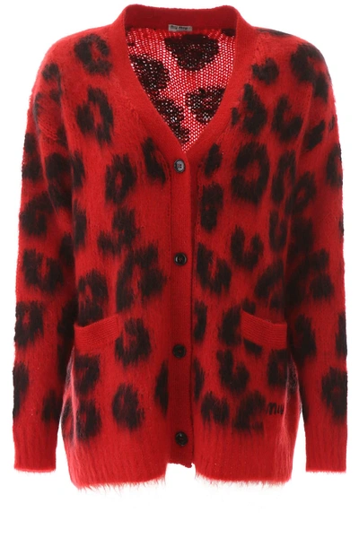 Miu Miu Leopard Print Cardigan In Red,black