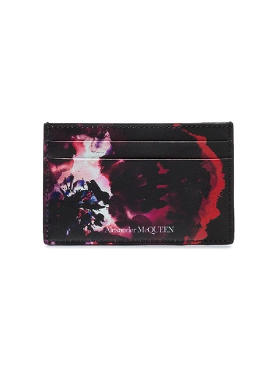 Alexander Mcqueen Rose-print Leather Card Holder In Black