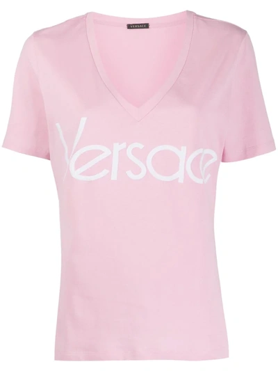 Versace Logo V-neck T-shirt In Pink