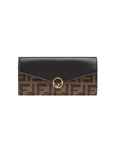 Fendi Logo Calfskin Leather Continental Wallet In Brown