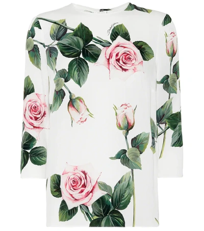 Dolce & Gabbana Rose Print Stretch Silk Charmeuse Top In White,pink,green